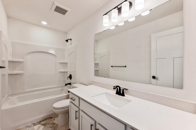 bathroom featuring vanity, visible vents, tub / shower combination, toilet, and marble finish floor