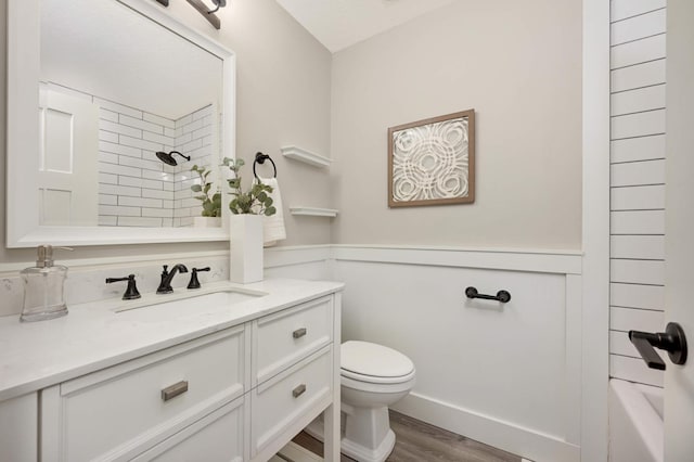 bathroom featuring vanity, toilet, and wood finished floors