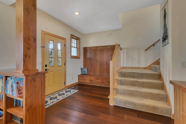 entryway featuring stairway, recessed lighting, baseboards, and hardwood / wood-style floors