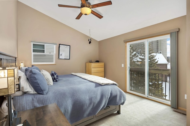 carpeted bedroom with visible vents, a ceiling fan, lofted ceiling, and access to outside