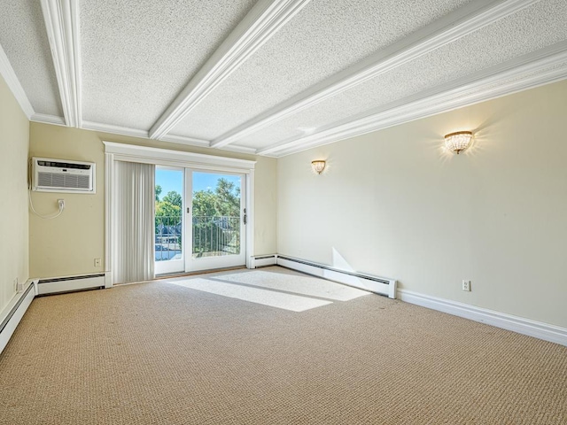 carpeted spare room featuring baseboards, a wall mounted air conditioner, a textured ceiling, a baseboard heating unit, and crown molding