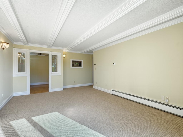 carpeted empty room featuring a baseboard heating unit, beam ceiling, crown molding, and baseboards