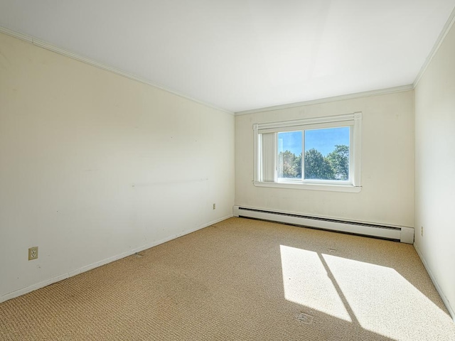 carpeted empty room featuring a baseboard radiator, baseboards, and ornamental molding