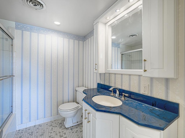 full bathroom featuring tile patterned floors, visible vents, toilet, wallpapered walls, and vanity