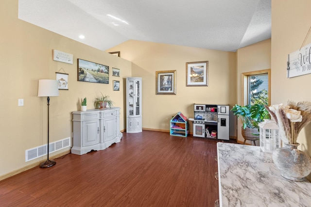 miscellaneous room featuring visible vents, lofted ceiling, baseboards, and dark wood finished floors