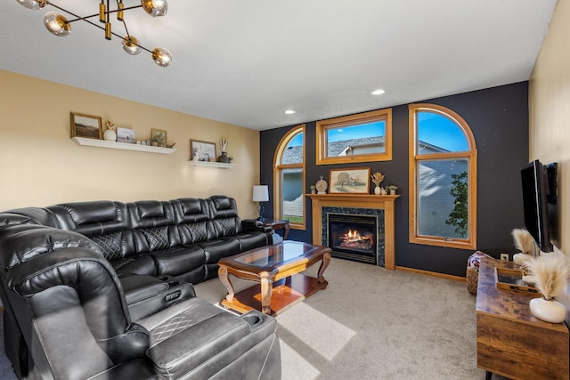 living room with carpet flooring, recessed lighting, and a premium fireplace