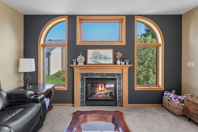 living area featuring carpet flooring, a fireplace, and baseboards