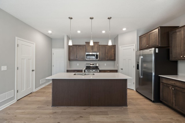 kitchen with visible vents, dark brown cabinetry, light countertops, appliances with stainless steel finishes, and a sink