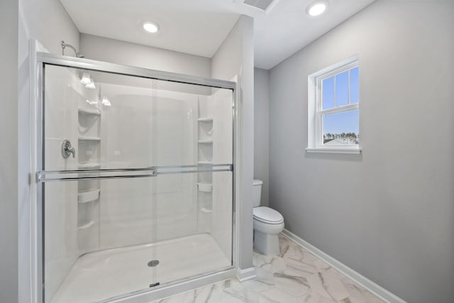 bathroom featuring a shower stall, baseboards, toilet, recessed lighting, and marble finish floor