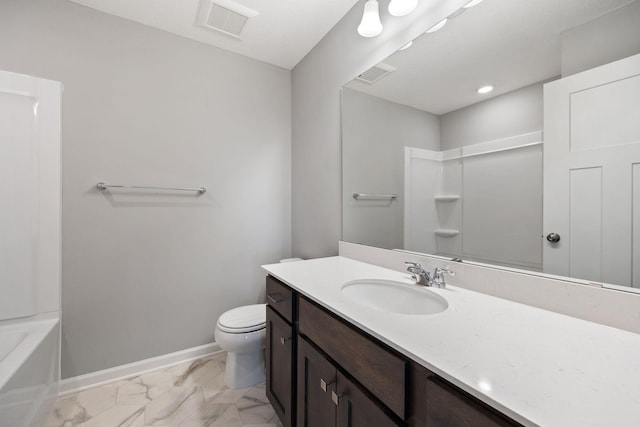 full bath featuring visible vents, toilet, marble finish floor, baseboards, and vanity