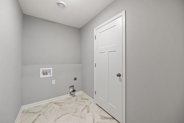 laundry area with baseboards, hookup for an electric dryer, laundry area, washer hookup, and marble finish floor