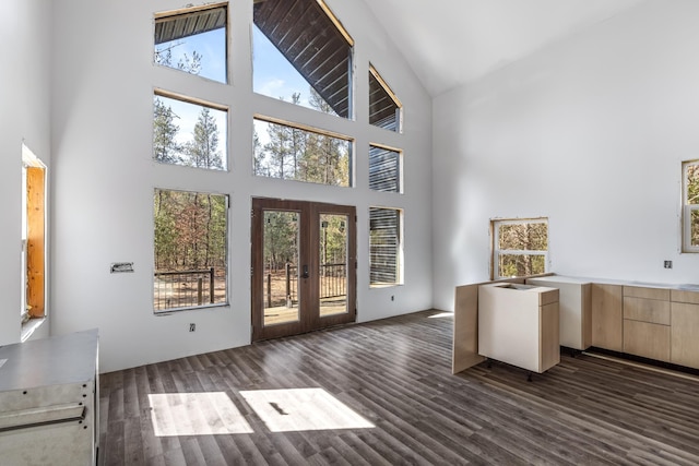 doorway featuring french doors, high vaulted ceiling, and dark wood-style flooring