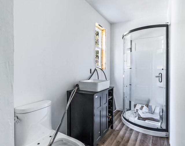 full bathroom with a stall shower, toilet, wood finished floors, and vanity