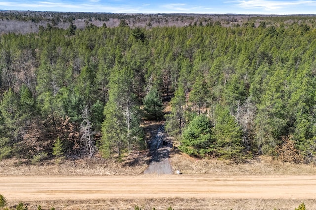 drone / aerial view with a wooded view