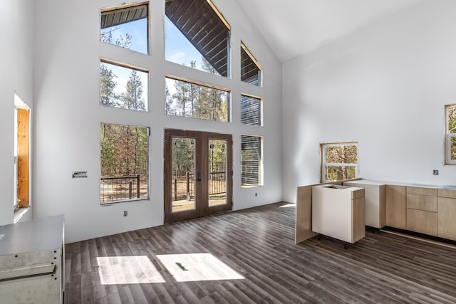 doorway to outside with french doors, dark wood-style floors, and high vaulted ceiling