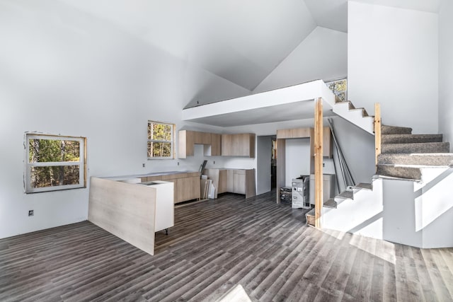 kitchen with modern cabinets, high vaulted ceiling, light brown cabinetry, and dark wood-style flooring