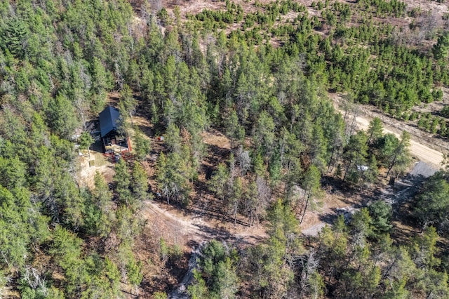 drone / aerial view with a wooded view