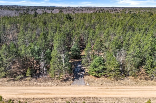 bird's eye view with a wooded view
