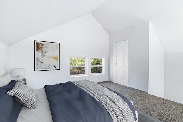 bedroom with carpet floors and vaulted ceiling