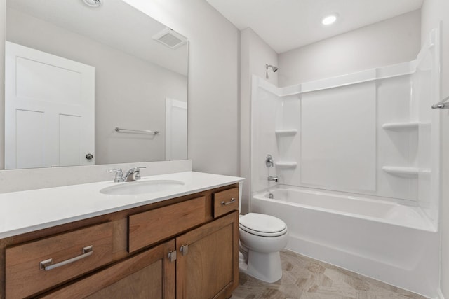 full bathroom with visible vents, shower / washtub combination, toilet, recessed lighting, and vanity