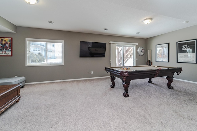 rec room featuring billiards, baseboards, and carpet floors