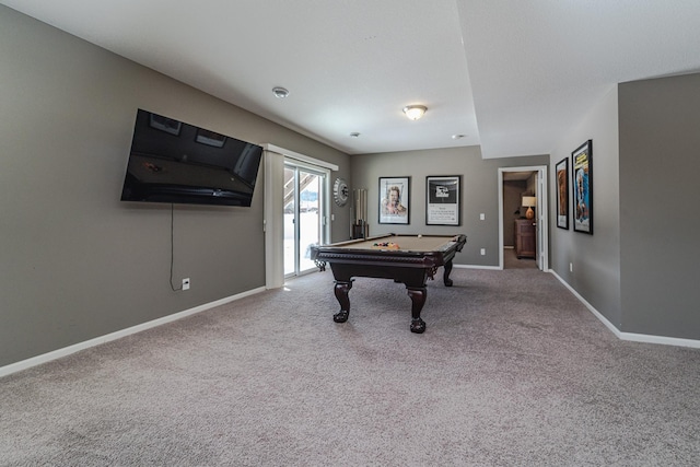 playroom with carpet flooring, billiards, and baseboards