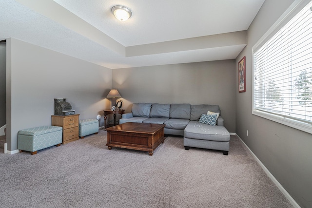 carpeted living area featuring baseboards