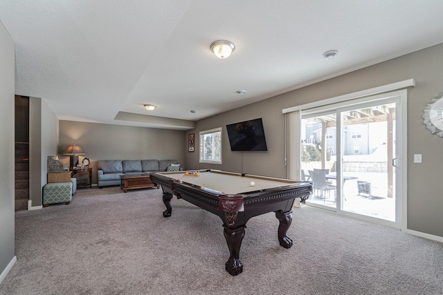 game room featuring carpet flooring, pool table, and baseboards