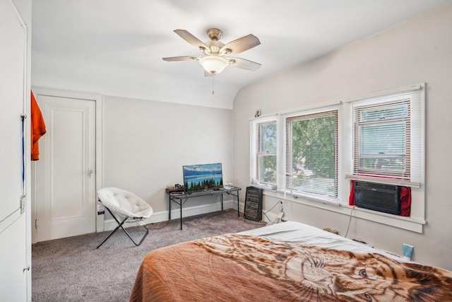 bedroom featuring baseboards, carpet floors, lofted ceiling, and a ceiling fan