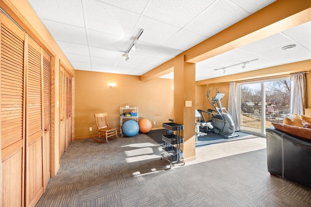 exercise area featuring track lighting, a paneled ceiling, baseboards, and carpet floors