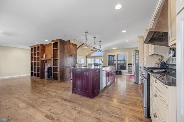 kitchen with dark countertops, premium range hood, light wood finished floors, and stainless steel appliances