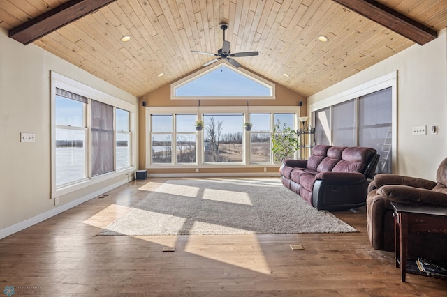 living area with lofted ceiling with beams, baseboards, wood finished floors, and wooden ceiling