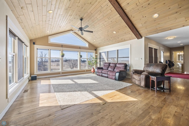 unfurnished living room with visible vents, wooden ceiling, baseboards, and wood finished floors