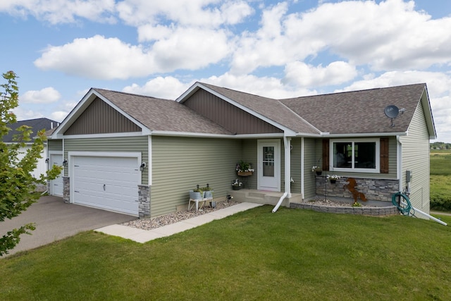 ranch-style home featuring aphalt driveway, stone siding, a front yard, a shingled roof, and a garage