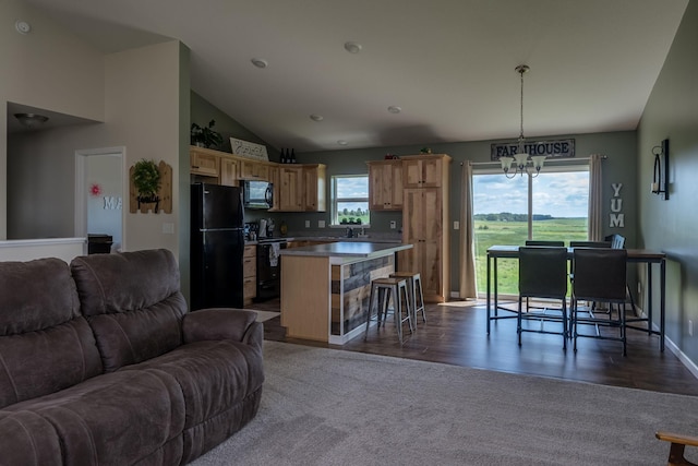 interior space with baseboards, a notable chandelier, dark wood finished floors, and vaulted ceiling