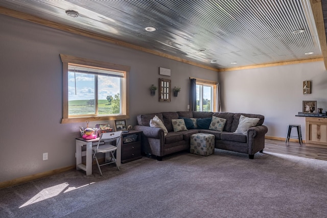 carpeted living room with baseboards