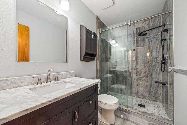 bathroom with vanity, toilet, and a shower stall