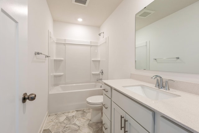 bathroom featuring shower / tub combination, visible vents, toilet, and vanity