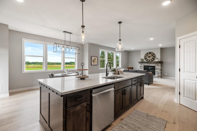 kitchen featuring stainless steel dishwasher, baseboards, light wood-type flooring, and a sink