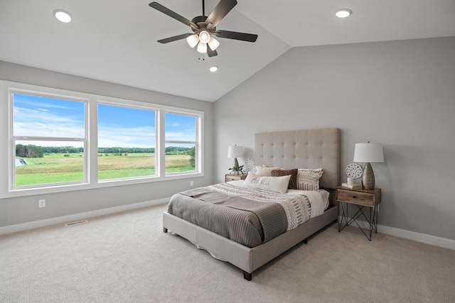 bedroom with recessed lighting, baseboards, carpet flooring, and vaulted ceiling