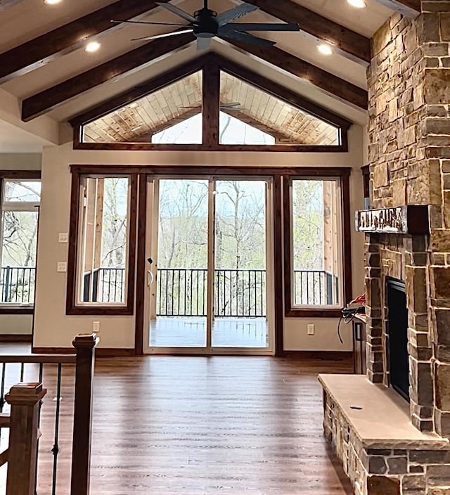 9551 230th St E, Lakeville, MN 55044 - doorway featuring a stone fireplace, hardwood / wood-style floors, ceiling fan, and recessed lighting