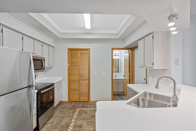 kitchen with ornamental molding, a sink, a tray ceiling, stainless steel appliances, and light countertops