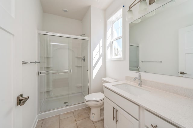 bathroom featuring tile patterned floors, a shower stall, and toilet