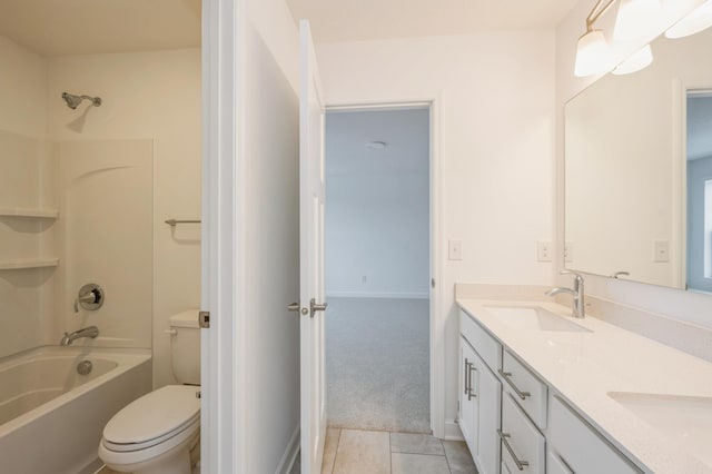 full bath featuring double vanity, toilet, shower / bath combination, and a sink