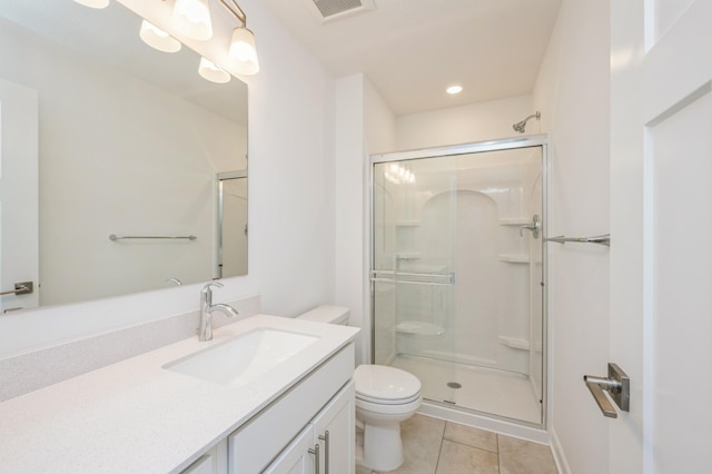 full bath with tile patterned floors, toilet, a stall shower, and vanity