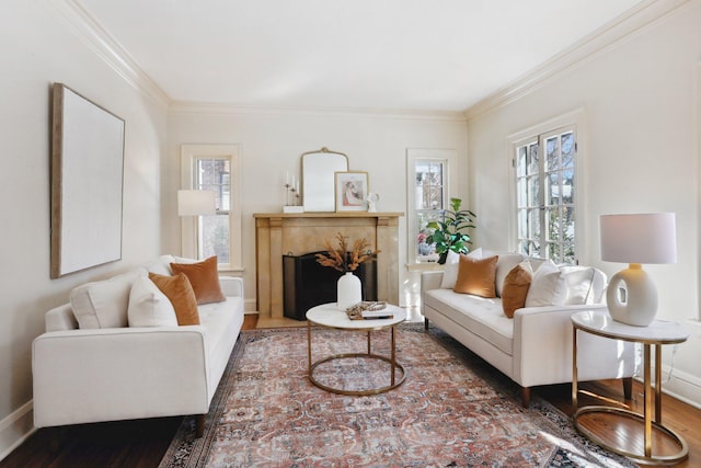 living area with baseboards, a fireplace, wood finished floors, and crown molding