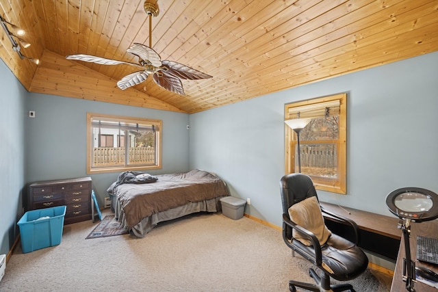 carpeted bedroom featuring baseboards, lofted ceiling, ceiling fan, wood ceiling, and baseboard heating