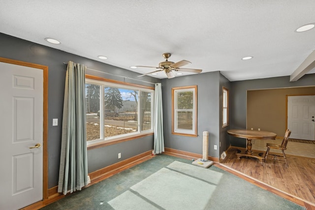 interior space featuring ceiling fan, baseboards, recessed lighting, wood finished floors, and a textured ceiling