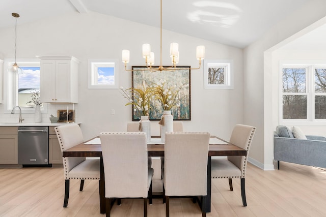 dining room with baseboards, vaulted ceiling with beams, light wood-type flooring, and an inviting chandelier