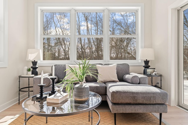 sitting room with wood finished floors, baseboards, and plenty of natural light